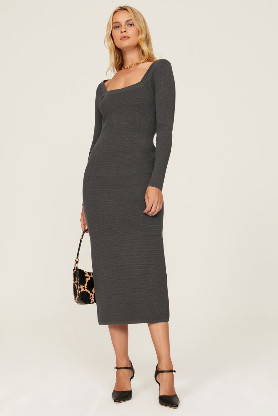 Toccin Gray Long Sleeve Square Neck Sweater Knit Midi Dress Size Medium